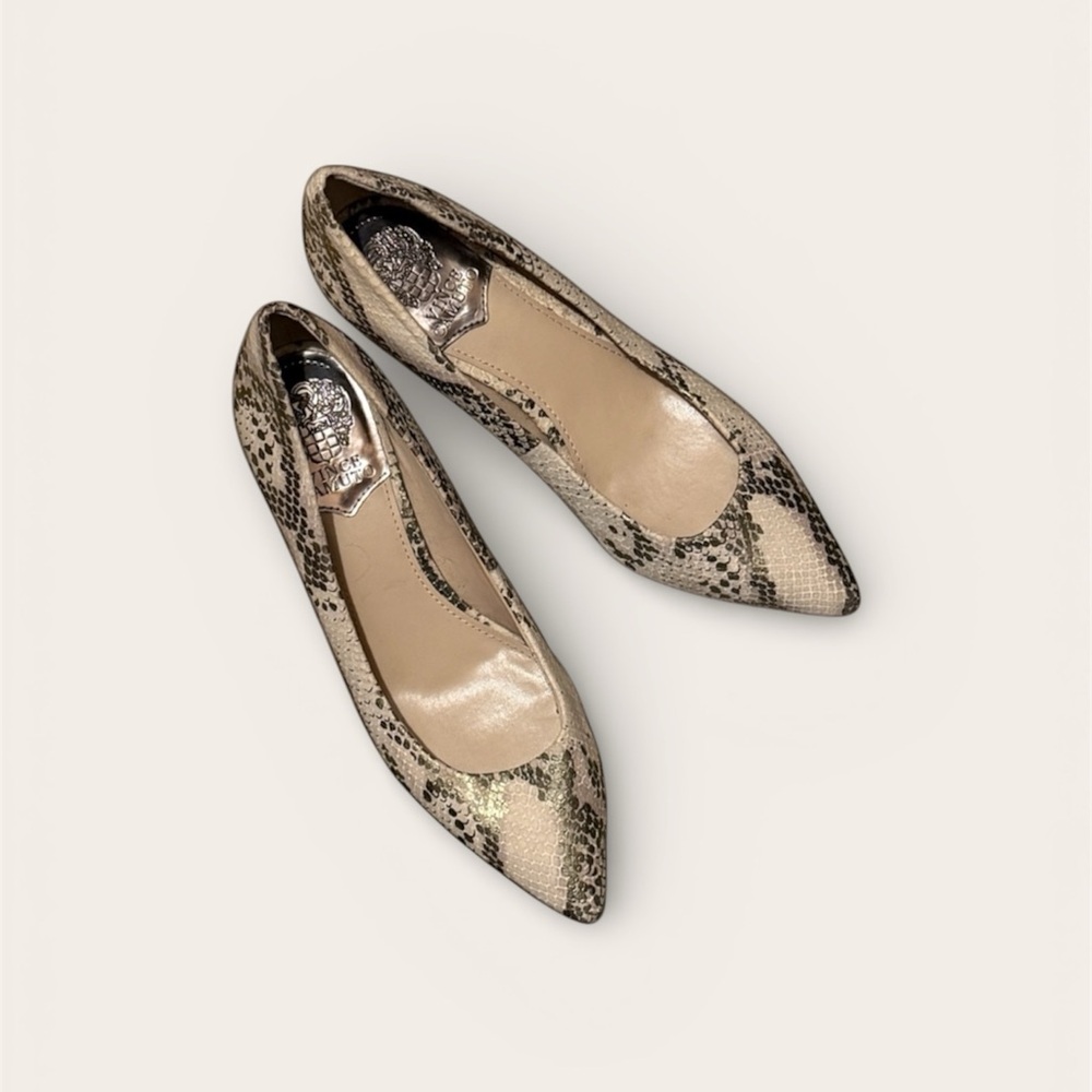 Vince Camuto Snake Print Heels in Black and Cream